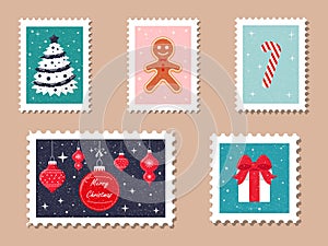 Vintage holiday postage stamps. Santa Claus Mail. A set of Christmas stamps for letters, envelopes, and postcards.